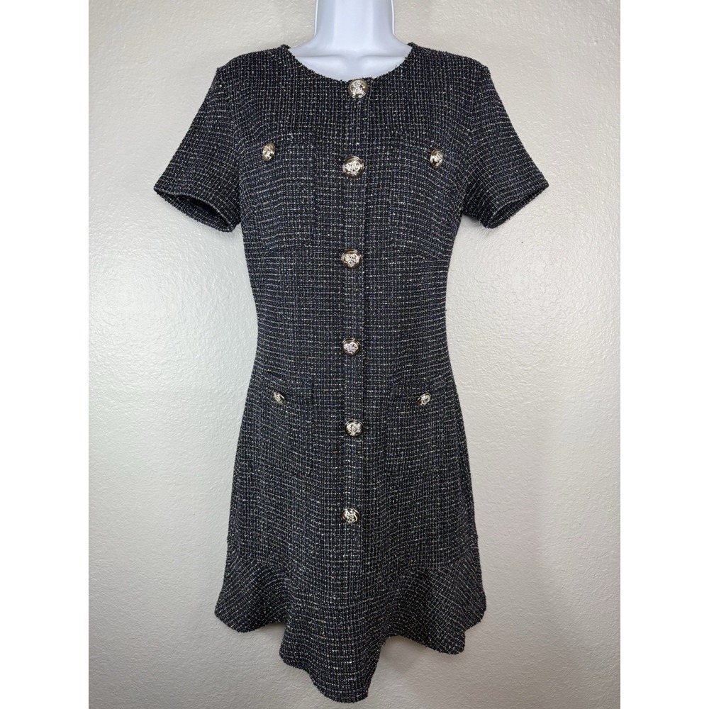 Grace Karin Nwt Women's Blue Tweed Gold Button Preppy Chic Mini dress Size 8